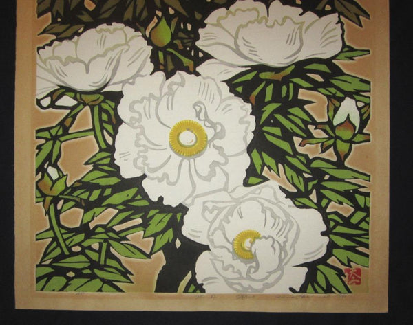 A HUGE Orig Japanese Woodblock Print PENCIL Sign Limit# Hashimoto Okiie Peony 1974