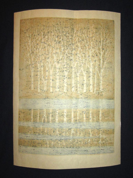 A Great Orig Japanese Woodblock Print Pencil-Signed Limit# Fujita Fumio Waterside Forest, 1975