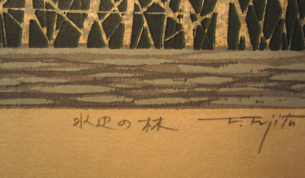 A Great Orig Japanese Woodblock Print Pencil-Signed Limit# Fujita Fumio Waterside Forest, 1975