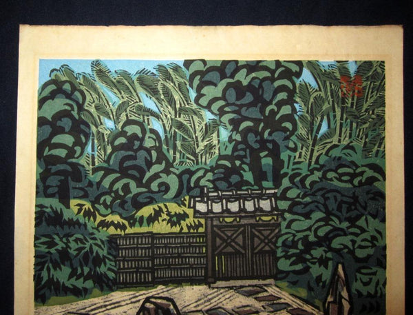 A HUGE Orig Japanese Woodblock Print PENCIL Sign Limit# Hashimoto Okiie Garden of Back Shed 1971