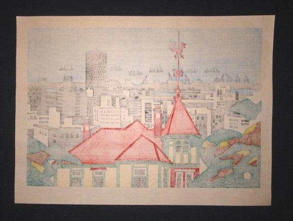 A Huge Orig Japanese Woodblock Print PENCIL Limit# Kawanishi Yuzaburo Cupola Rooster Weathervane Kobe Harbor (4)