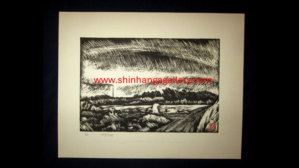 A Great Japanese Woodblock Print PENCIL Sign LIMIT Number Inagaki Tomoo Countryside 1982