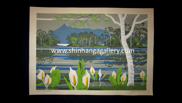A Huge Orig Japanese Woodblock Print PENCIL Sign LIMIT# Yasushi Ohmoto Onuma and Water Basho