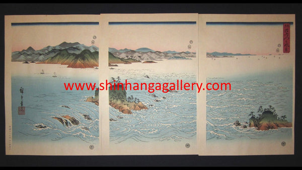 A Beautiful Japanese Woodblock Print Triptych Hiroshige Utagawa Whirlpools of Naruto Straits in Awa Prefecture (2)