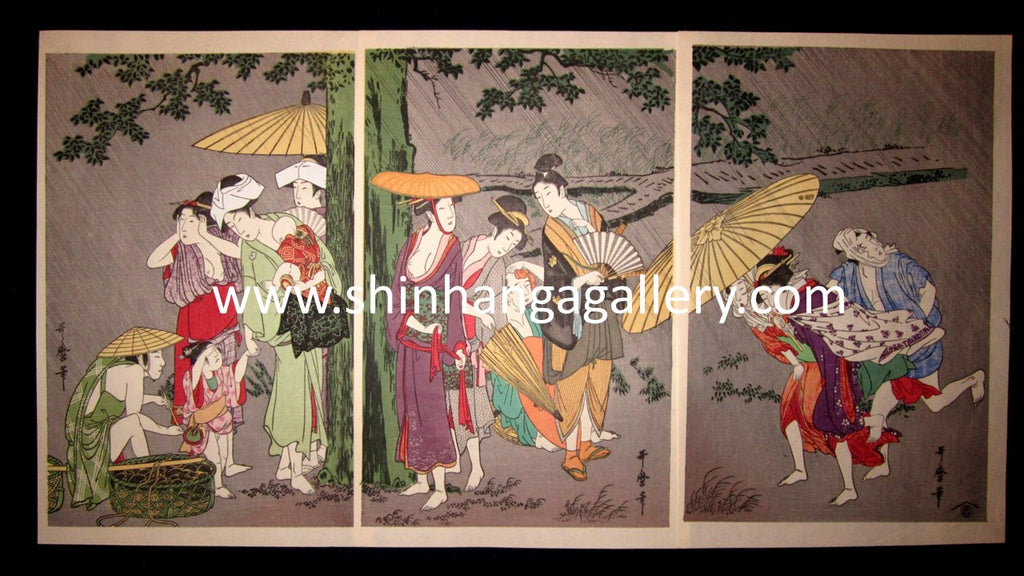 A Great Japanese Woodblock Print Triptych Utamaro Awaiting the Shower to Stop