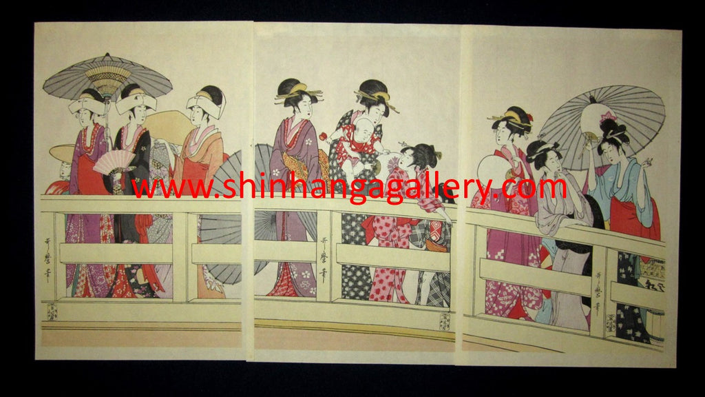 A Great Japanese Woodblock Print Triptych Utamaro Ryogoku Two-country Bridge