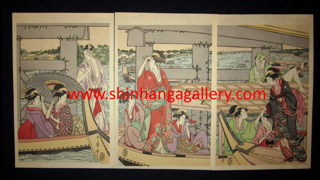 A Great Japanese Woodblock Print Triptych Utamaro under Ryogoku Two-country Bridge