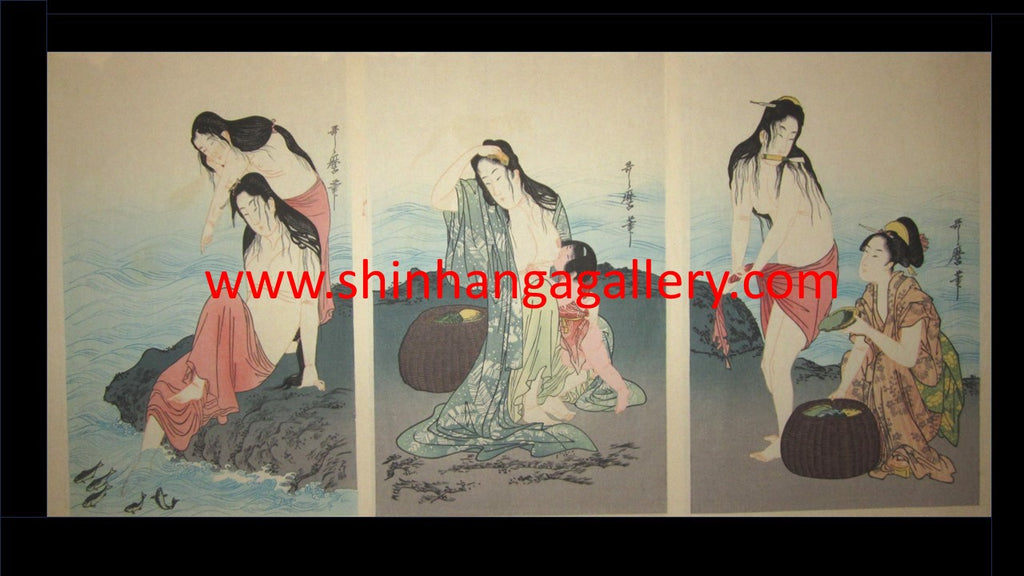 A Great Japanese Woodblock Print Triptych Utamaro Nude Sea Women