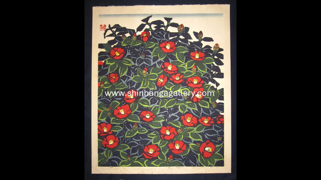 A HUGE Orig Japanese Woodblock Print PENCIL Sign Limit# Hashimoto Okiie Camellia 1974