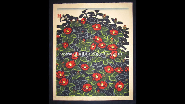 A HUGE Orig Japanese Woodblock Print PENCIL Sign Limit# Hashimoto Okiie Camellia 1974