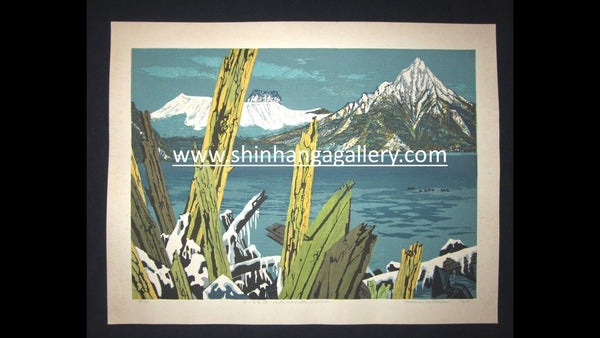 A Huge Orig Japanese Woodblock Print LIMIT NUMBER PENCIL SIGN Kitaoka Fumio Lake Shikotsu Winter 1971