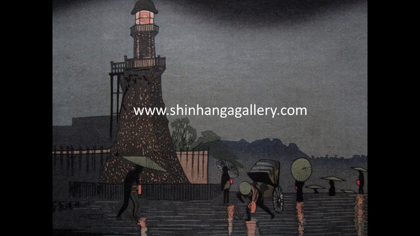 A Great Japanese Woodblock Print Kobayashi Kiyochika Light House during the Night of May