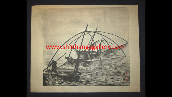 A Great Huge Orig Japanese Woodblock Print Fishing