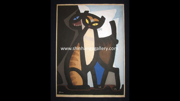 A Great Huge Orig Japanese Woodblock Print PENCIL Sign LIMIT number Inagaki Tomoo Two Characters of Cat