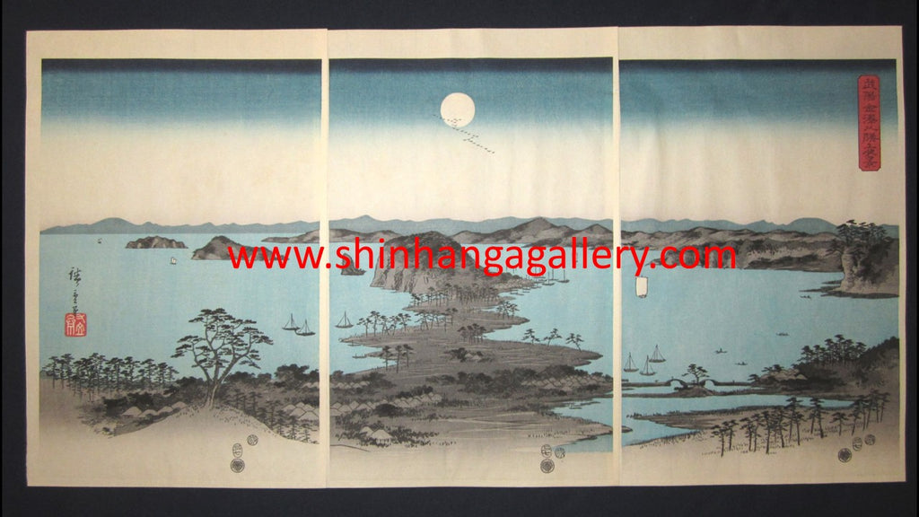 A Great Japanese Woodblock Print Triptych Hiroshige Utagawa Eight Views of Kanazawa at Night (2)