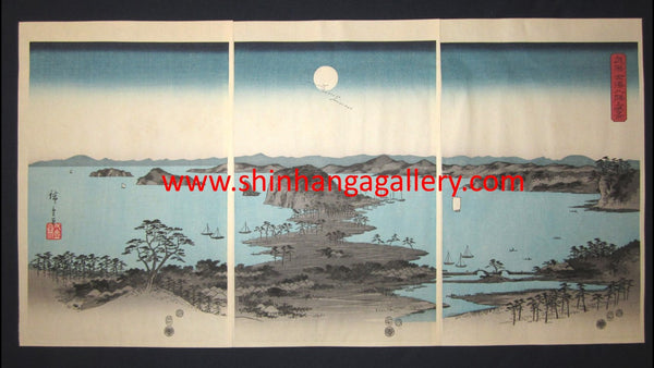 A Great Japanese Woodblock Print Triptych Hiroshige Utagawa Eight Views of Kanazawa at Night (2)