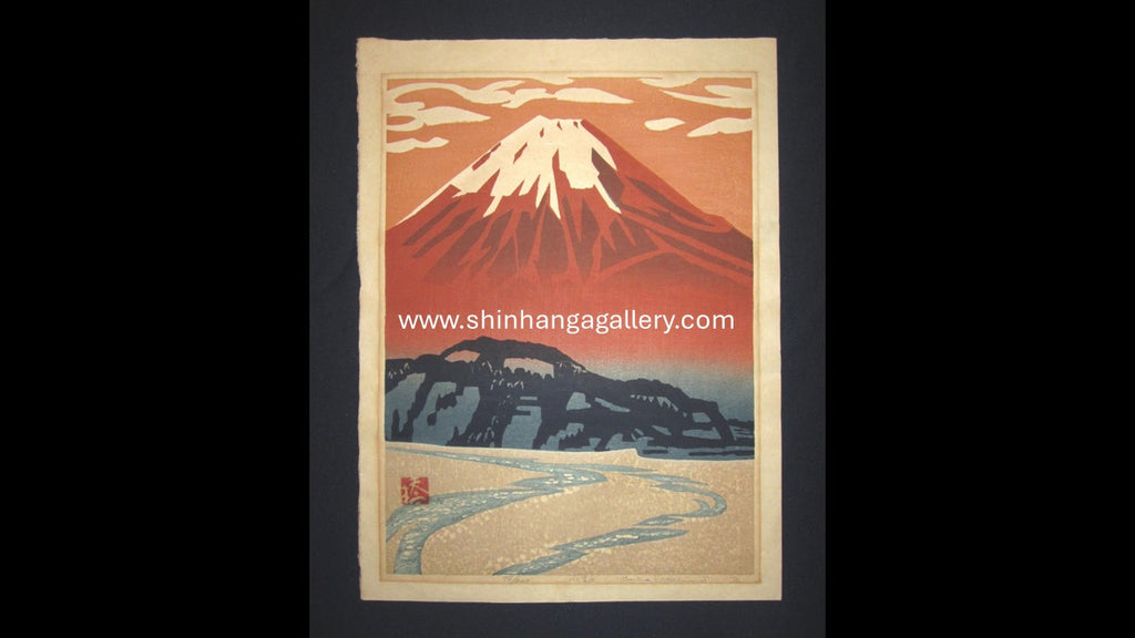 A HUGE Orig Japanese Woodblock Print PENCIL Sign Limit# Hashimoto Okiie River & Fuji Mountain 1973