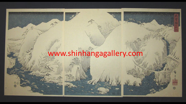 A Great Japanese Woodblock Print Triptych Hiroshige Uragawa Kisoji no Yamakawa Kiso Gorge in Snow (2)