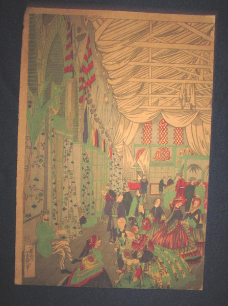 A Great Orig Japanese Yokohama Woodblock Print Triptych Yoshiiku Yokohama British Trading Place Pre-1900