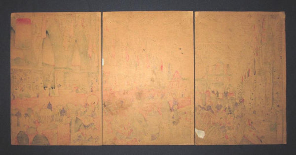 A Great Orig Japanese Yokohama Woodblock Print Triptych Yoshiiku Yokohama British Trading Place Pre-1900