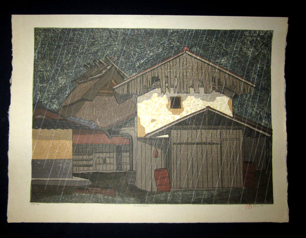 This is an HUGE very beautiful and LIMITED NUMBER (85/100) ORIGINAL Japanese Shin Hanga woodblock print “Kiteuneame Rain “ PENCIL SIGNED by the famous Showa Shin Hanga woodblock master Joshua Rome (1953-) made in 1985 IN EXCELLENT CONDITION.