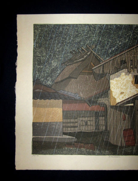 A Huge Orig Japanese Woodblock Print PENCIL Sign Limit# Joshua Rome Kiteuneame Rain 1985