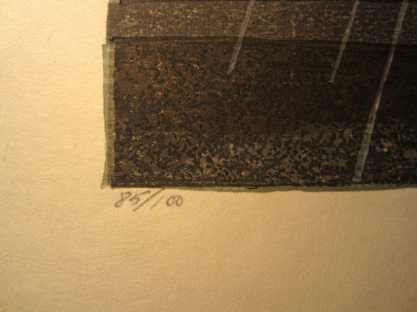 A Huge Orig Japanese Woodblock Print PENCIL Sign Limit# Joshua Rome Kiteuneame Rain 1985