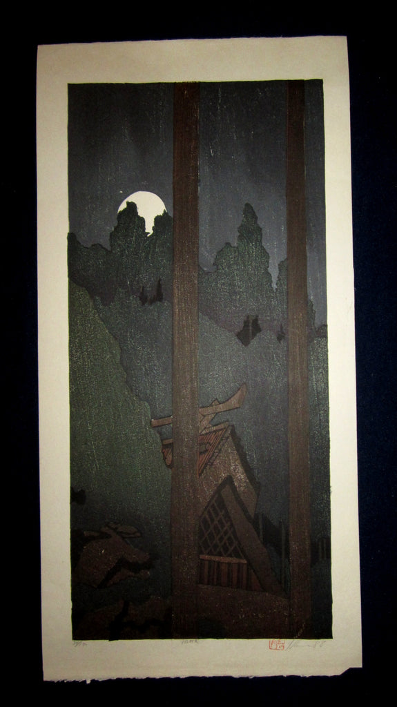 This is an HUGE very beautiful and LIMITED NUMBER (34/100) ORIGINAL Japanese Shin Hanga woodblock print “Yoroka , Moon“ PENCIL SIGNED by the famous Showa Shin Hanga woodblock master Joshua Rome (1953-) made in 1988 IN EXCELLENT CONDITION.