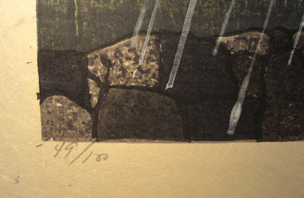 A Huge Orig Japanese Woodblock Print PENCIL Sign Limit# Joshua Rome Tsuya Rain 1986