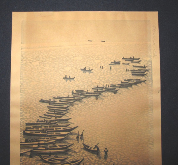 A Large Original Japanese Woodblock Print PENCIL sign Okuyama Jihachiro Boats (2)