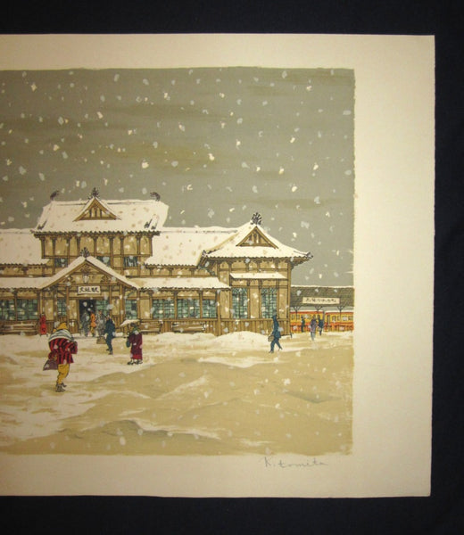 A Huge Orig Japanese Woodblock Print Limit number PENCIL Sign K. Tomita Snow Train Station