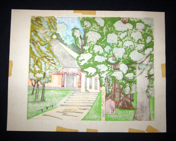 Large Orig Japanese Woodblock Print Limited # PENCIL Sign Takahashi Temple 1986