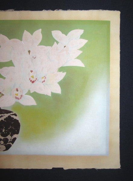 A Huge Orig Japanese Woodblock Print Orchid Iwata Masami LIMIT# Pencil sign authentication certificate Showa 58 (1983)