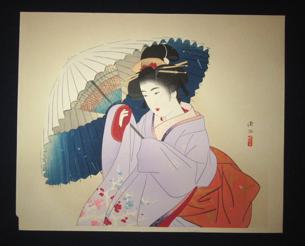 This is a HUGE very beautiful, and special original Japanese woodblock print “Early Snow” signed by the famous Taisho/Showa Shin Hanga woodblock print master Shinsui Ito (1898-1974) made in Showa Era (1925~1987) IN EXCELLENT CONDITION.