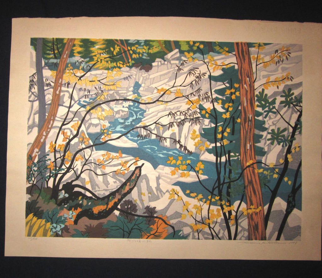 This is a HUGE very beautiful LIMITED NUMBER (115/120) ORIGINAL Japanese Shin Hanga woodblock print “Creek Autumn “ PENCIL SIGNED by the famous Showa Shin Hanga woodblock master Kitaoka Fumio (1918-) with two artist's original WATERMARK made in 1982 IN EXCELLENT CONDITION.