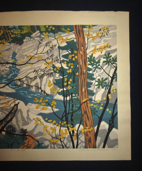 A Huge Orig Japanese Woodblock Print Kitaoka Fumio PENCIL Sign Limit# Creek Autumn w/ WATERMARK
