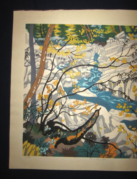 A Huge Orig Japanese Woodblock Print Kitaoka Fumio PENCIL Sign Limit# Creek Autumn w/ WATERMARK
