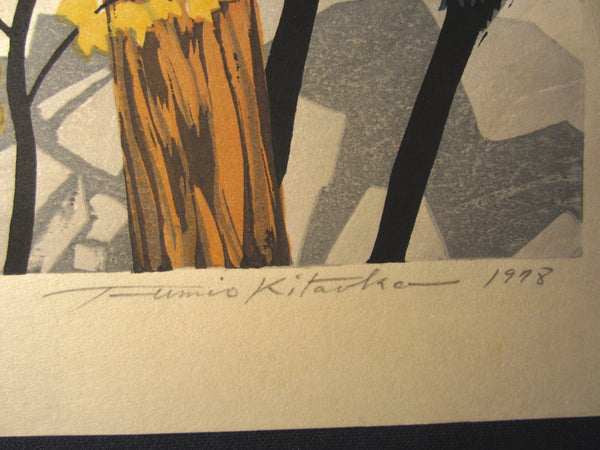 A Huge Orig Japanese Woodblock Print Kitaoka Fumio PENCIL Sign Limit# Creek Autumn w/ WATERMARK
