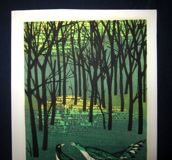 A Huge Orig Japanese Woodblock Print LIM# PENCIL SIGN Shiro Takagi Spring Bird 1980