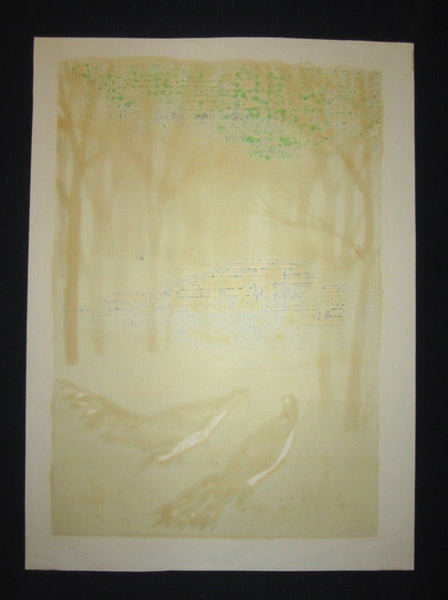 A Huge Orig Japanese Woodblock Print LIM# PENCIL SIGN Shiro Takagi Spring Bird 1980