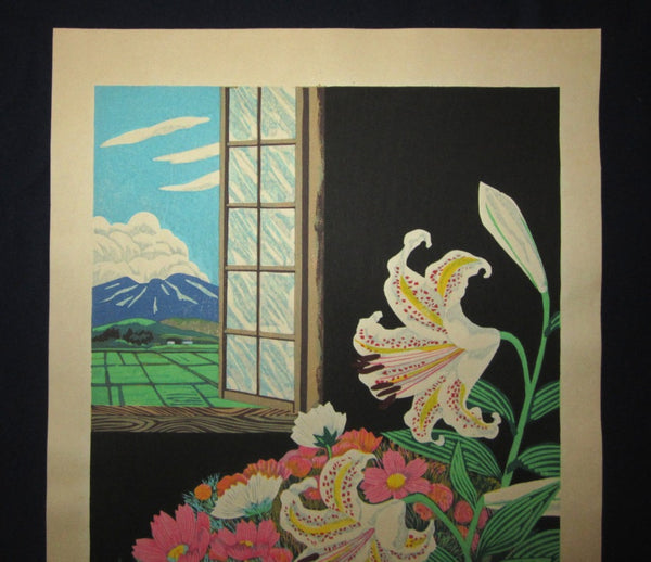 A HUGE Orig Japanese Woodblock Print LIMIT# PENCIL SIGN Hayashi Waichi Golden-Rayed Cosmos 1981