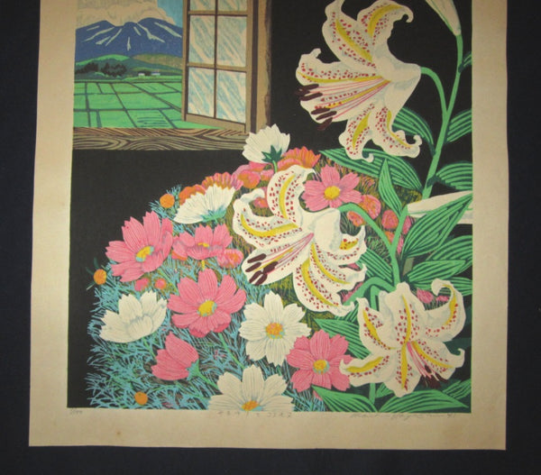 A HUGE Orig Japanese Woodblock Print LIMIT# PENCIL SIGN Hayashi Waichi Golden-Rayed Cosmos 1981
