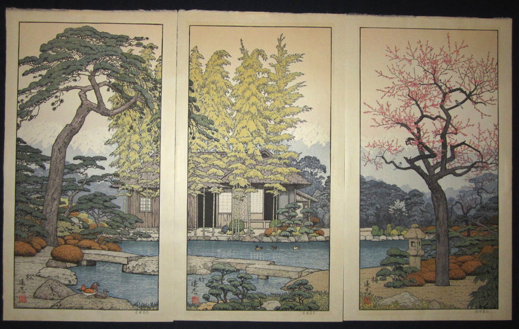 This is a HUGEvery beautiful and special ORIGINAL Japanese woodblock print triptych “Pine, Bamboo, and Plum” signed by the famous Shin-Hanga woodblock print master Toshi Yoshida (1911-1995) made in 1980s IN EXCELLENT CONDITION.