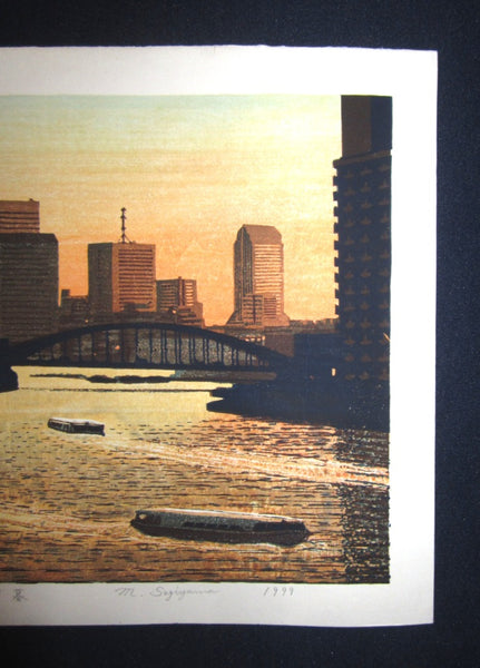 Great Extra Large Orig Japanese Woodblock Print PENCIL Sign Limit# Motosugu Sugiyama Autumn Dusk at Sumida River 1999