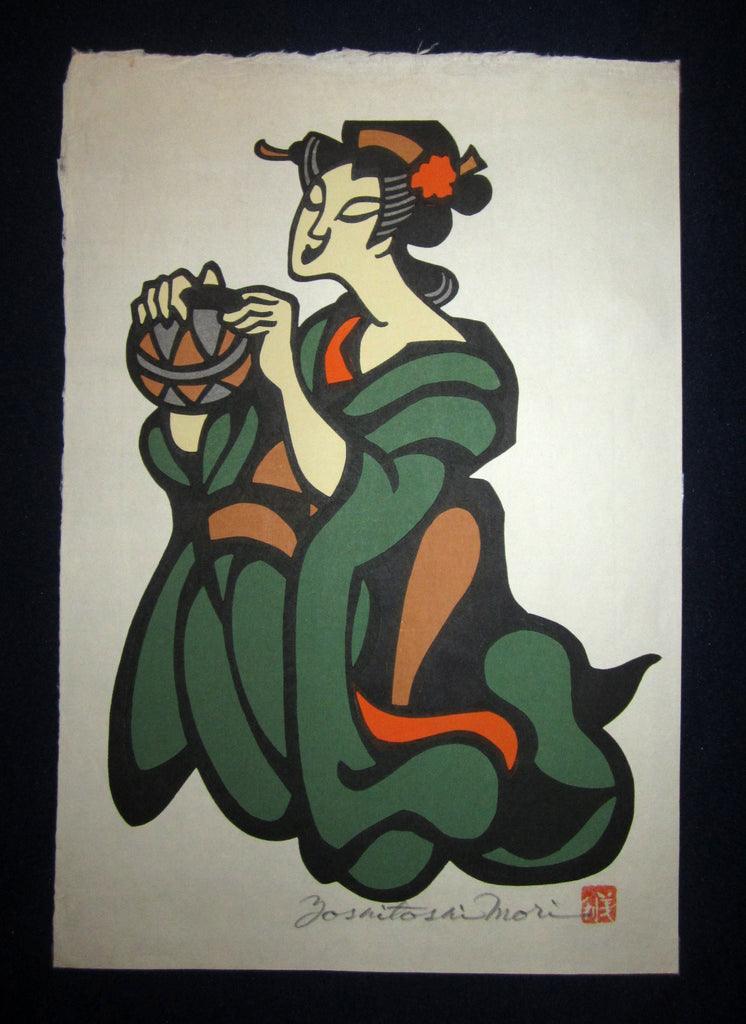 This is an EXTRA LARGE very beautiful and special original Japanese Shin Hanga woodblock print signed by the famous Showa modern woodblock print master Mori Yoshitoshi (1898-1992) made in 1970s IN EXCELLENT CONDITION.