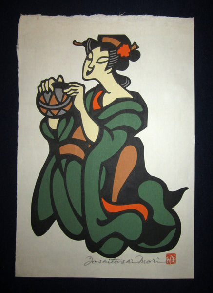 This is an EXTRA LARGE very beautiful and special original Japanese Shin Hanga woodblock print signed by the famous Showa modern woodblock print master Mori Yoshitoshi (1898-1992) made in 1970s IN EXCELLENT CONDITION.
