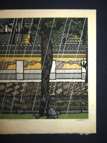 A Great EXTRA LARGE Orig Japanese Woodblock Print PENCIL Sign Limit# Clifton Karhu Rain at Shirakawa Chionin