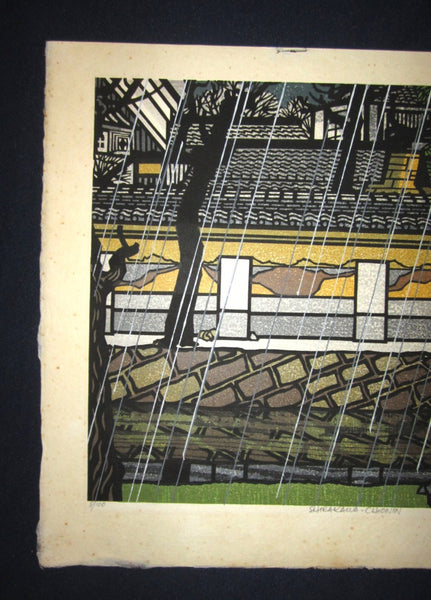 A Great EXTRA LARGE Orig Japanese Woodblock Print PENCIL Sign Limit# Clifton Karhu Rain at Shirakawa Chionin