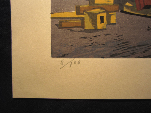 A Huge Orig Japanese Woodblock Print Kitaoka Fumio PENCIL Sign Limit# Harbor New Year