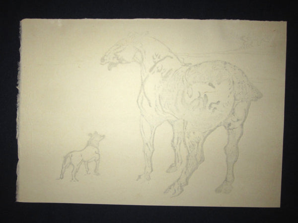 A Great Original Japanese Woodblock Print Okuyama Jihachiro PENCIL SIGN SELF-CARVED Horse and Dog January Showa 42 (1967)